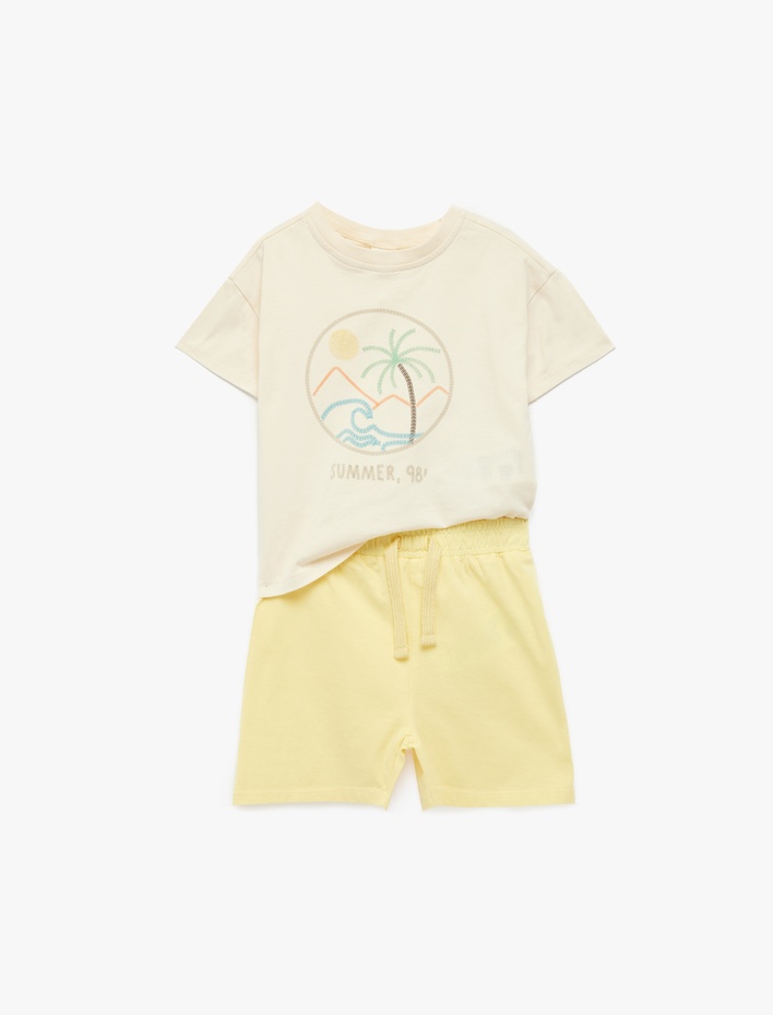 Erkek Bebek Pamuklu Baskılı Kısa Kollu Bisiklet Yaka Tişört ve Şort Seti
