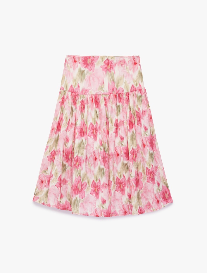 Kız Çocuk Viskon A Kesim Pileli Çiçek Desenli Viskon Midi Etek