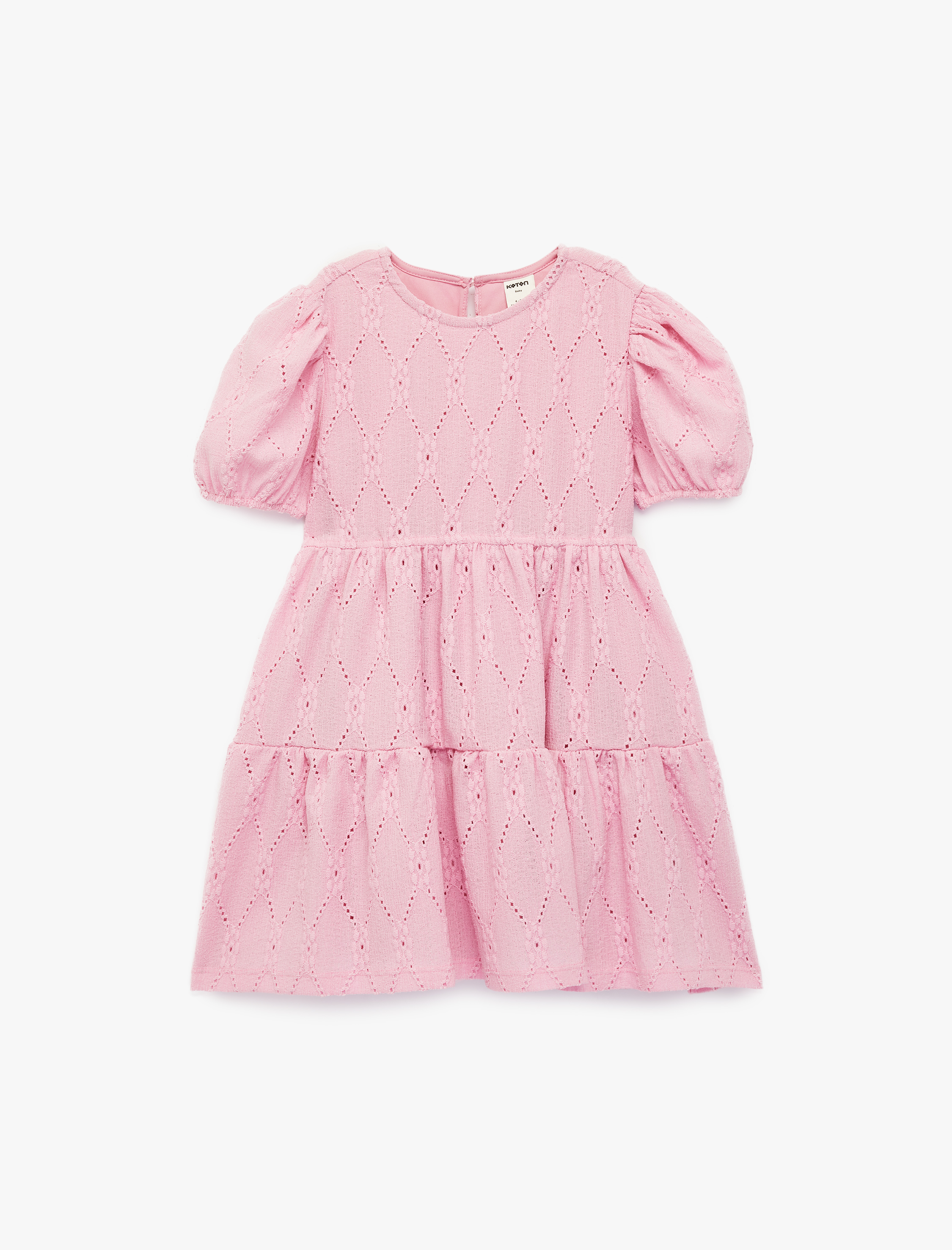  Kız Bebek Kat Detaylı Bisiklet Yaka Fistolu Balon Kollu Elbise