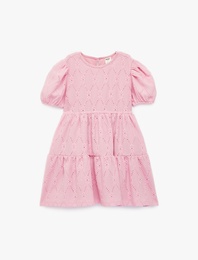 Kat Detaylı Bisiklet Yaka Fistolu Balon Kollu Elbise