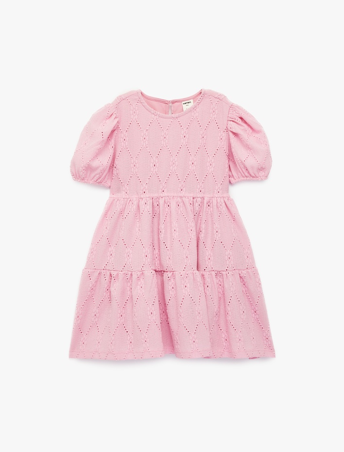 Kız Bebek Kat Detaylı Bisiklet Yaka Fistolu Balon Kollu Elbise