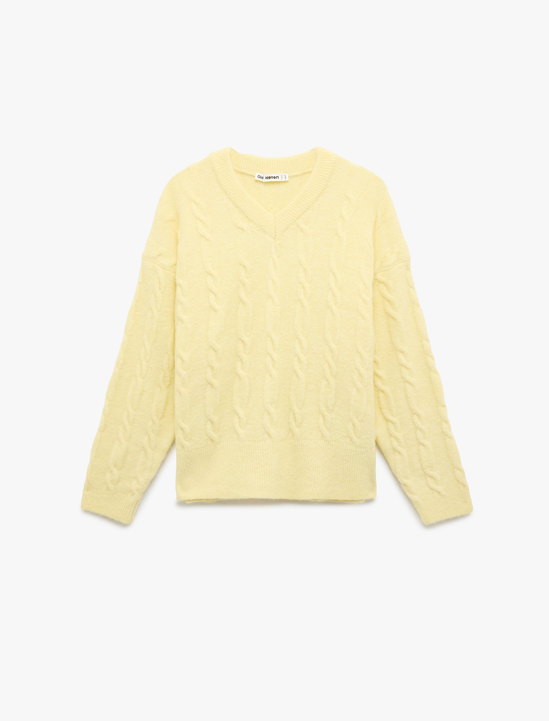   Uzun Kollu V Yaka Saç Örgülü Oversize Kazak