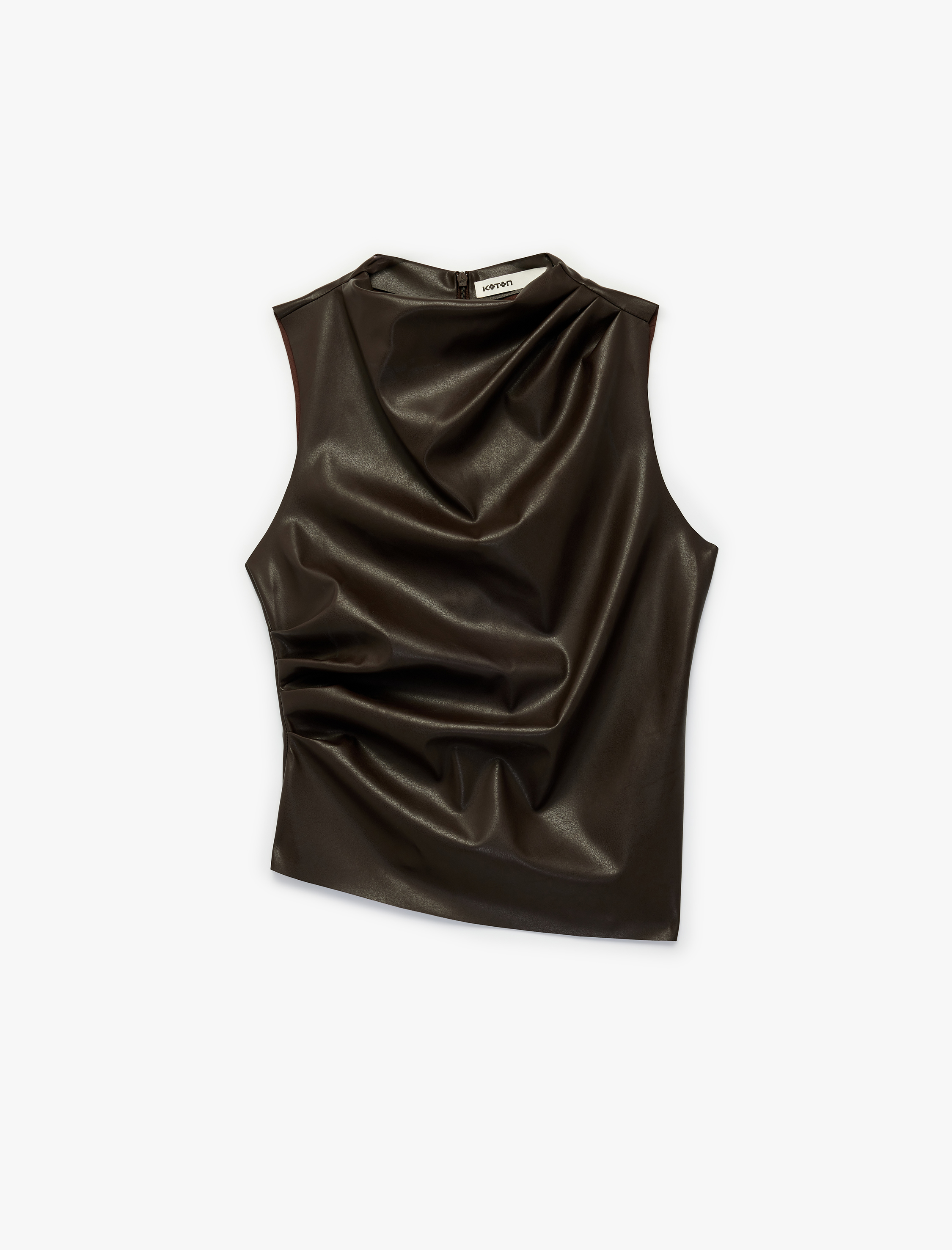   Slim Fit Drapeli Yuvarlak Hafif Dik Yaka Kolsuz Suni Deri Bluz