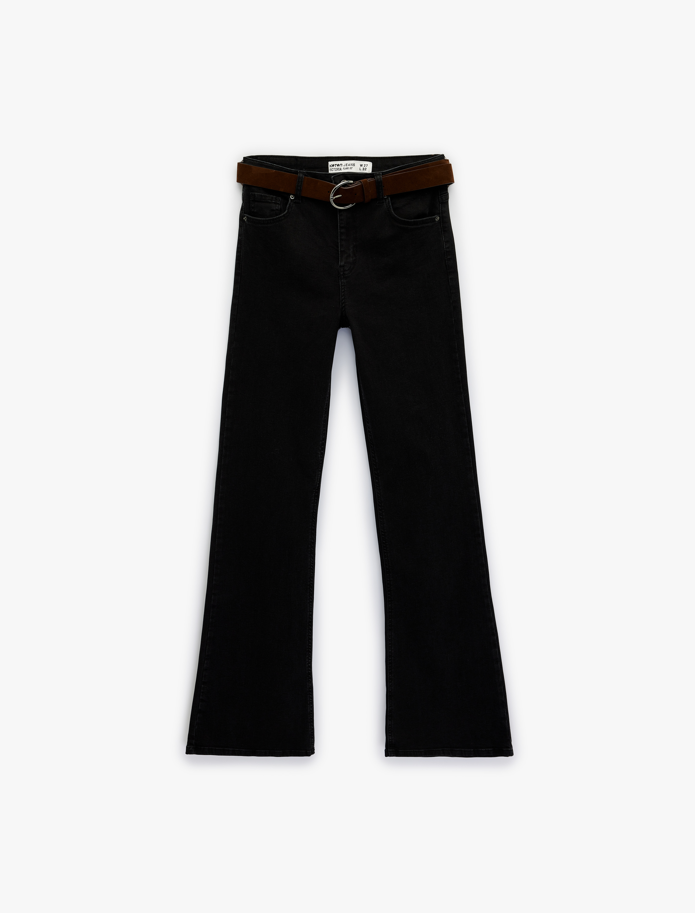   Dar Kesim Kemerli Düğmeli İspanyol Paça Denim Pantolon - Flare Jeans