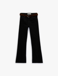 Dar Kesim Kemerli Düğmeli İspanyol Paça Denim Pantolon - Flare Jeans