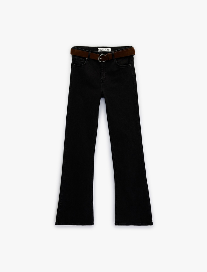  Dar Kesim Kemerli Düğmeli İspanyol Paça Denim Pantolon - Flare Jeans