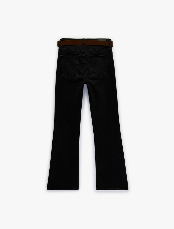  Dar Kesim Kemerli Düğmeli İspanyol Paça Denim Pantolon - Flare Jeans