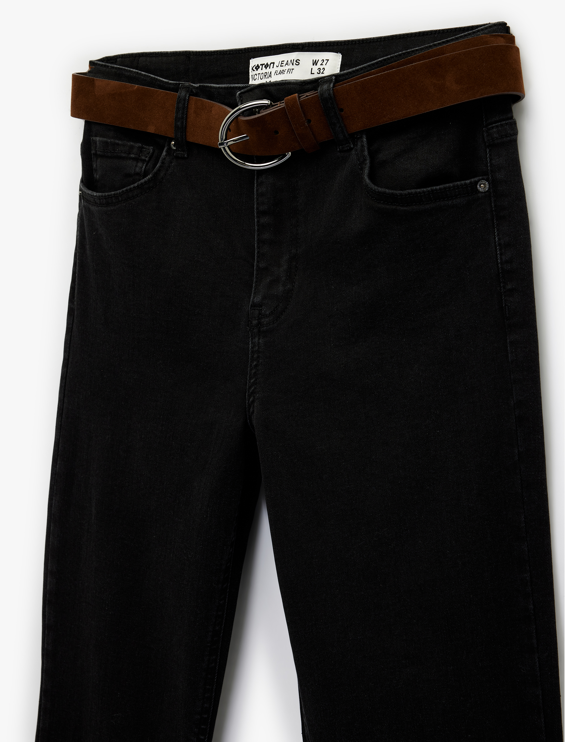   Dar Kesim Kemerli Düğmeli İspanyol Paça Denim Pantolon - Flare Jeans