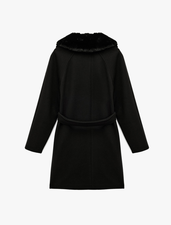  Uzun Kollu Kemerli Düğmeli Çıkarılabilir Suni Kürk Yakalı Kaşe Kaban