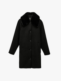 Uzun Kollu Kemerli Düğmeli Çıkarılabilir Suni Kürk Yakalı Kaşe Kaban