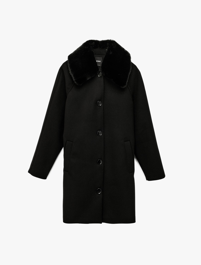  Uzun Kollu Kemerli Düğmeli Çıkarılabilir Suni Kürk Yakalı Kaşe Kaban