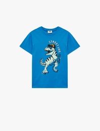 Dinozor Baskılı Kısa Kollu Bisiklet Yaka Pamuklu Tişört