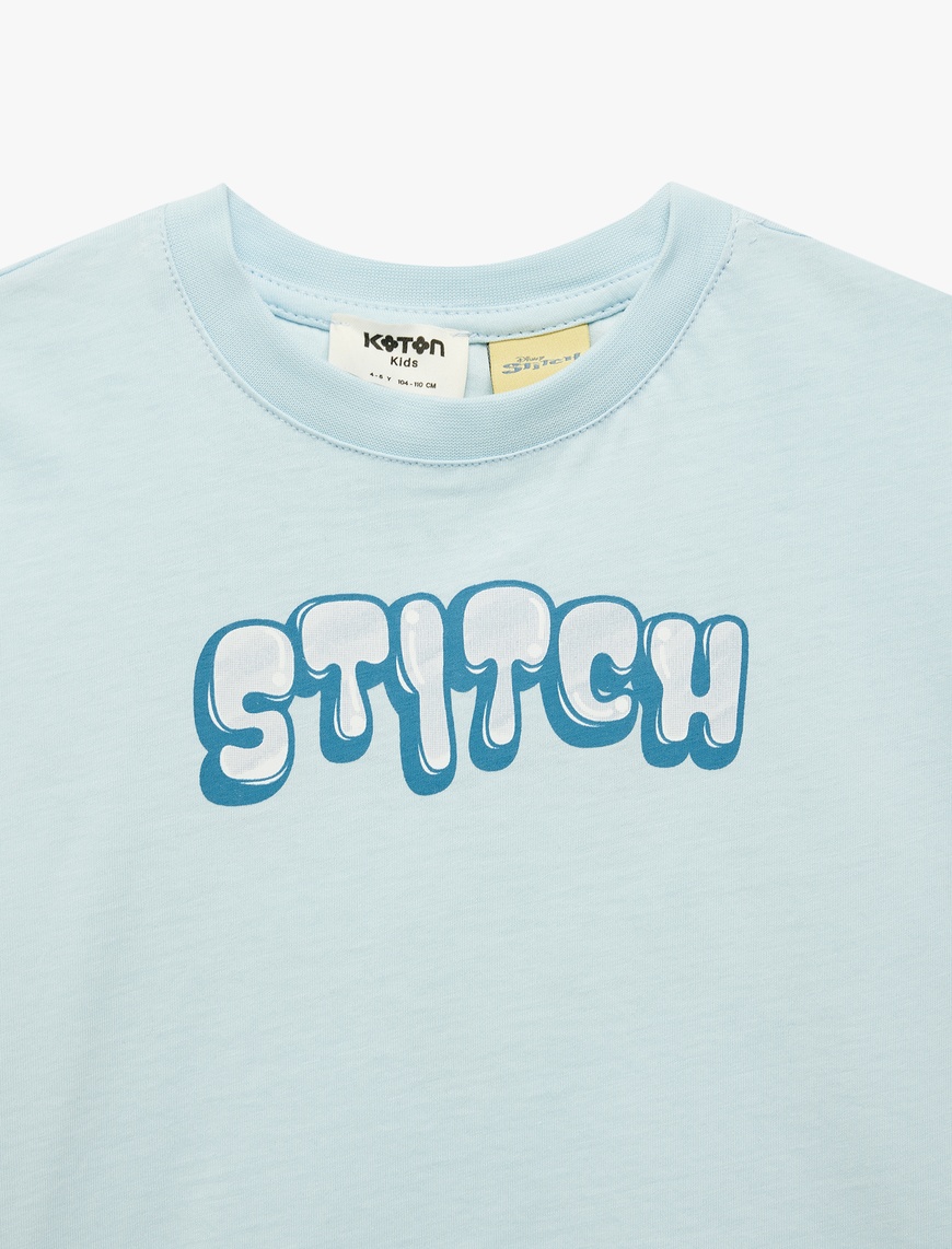 Mavi Erkek Çocuk Stitch Baskılı Kısa Kollu Bisiklet Yaka Lisanslı
