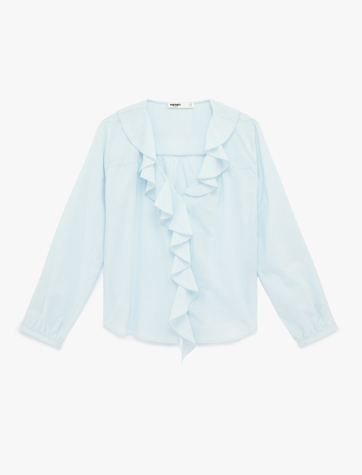  Volanlı Fırfırlı V Yaka Uzun Kollu Pamuklu Gömlek