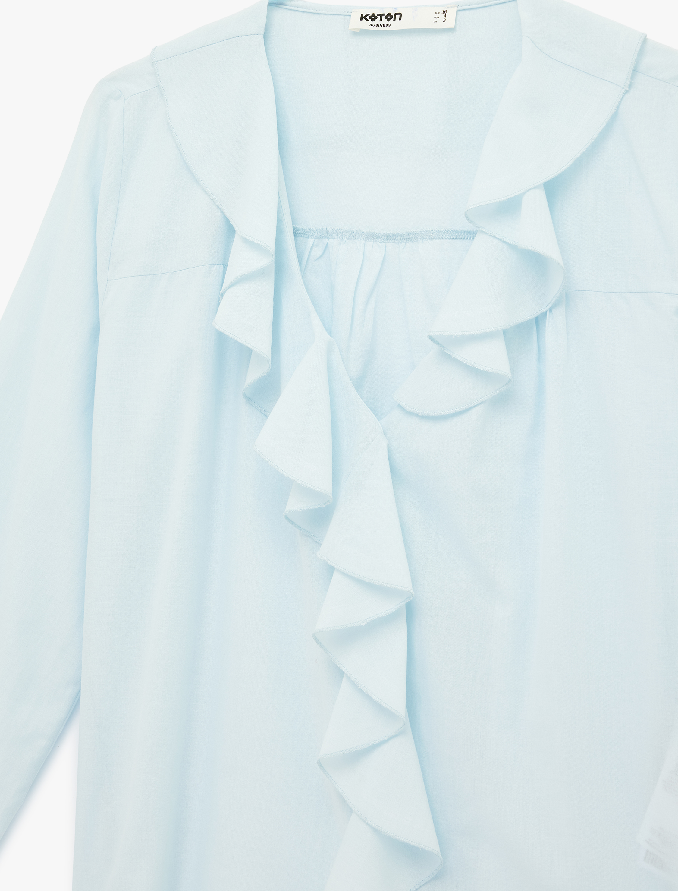   Volanlı Fırfırlı V Yaka Uzun Kollu Pamuklu Gömlek