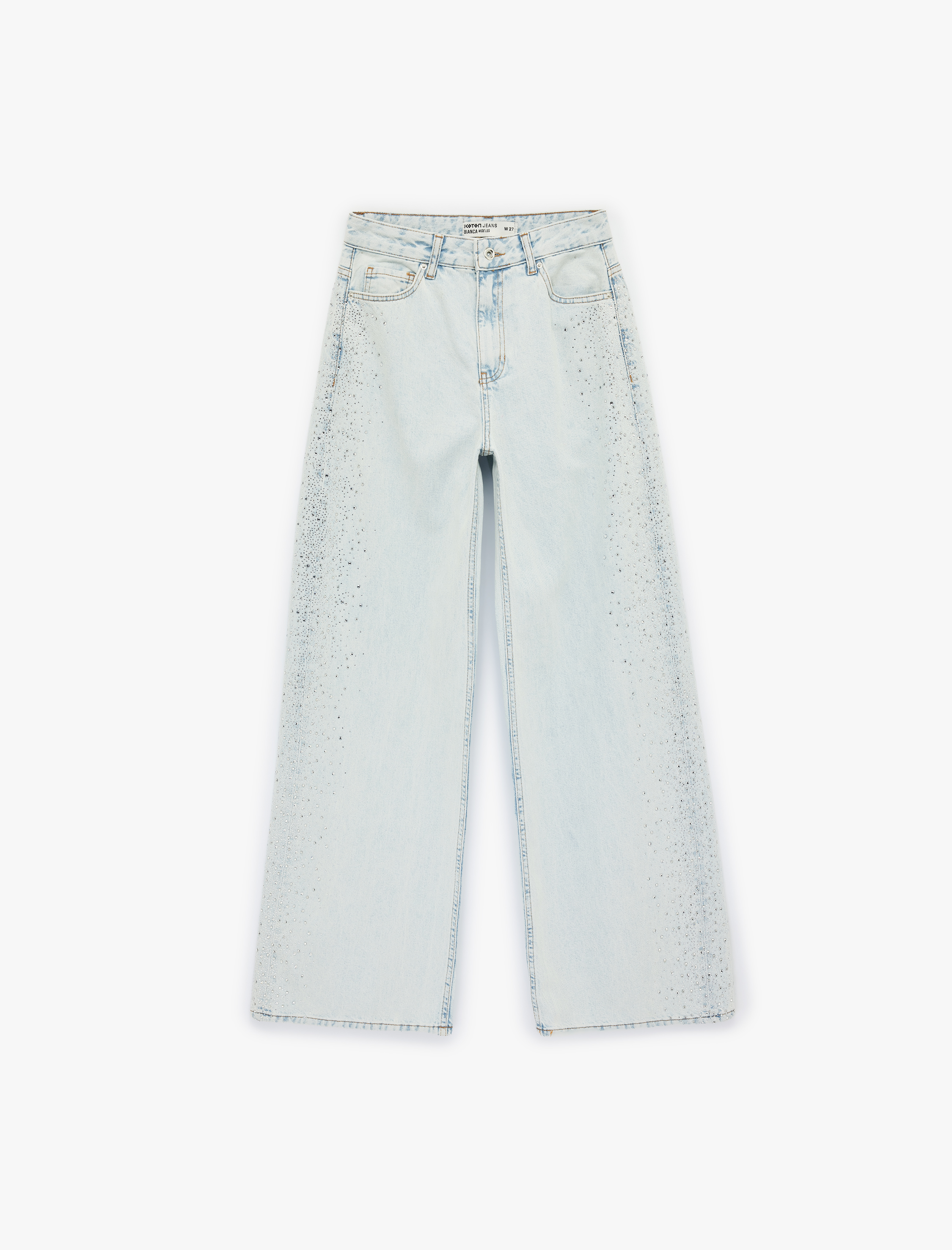   Pamuklu Düğmeli Cepli Geniş Paça Taşlı Denim Pantolon -  Wide Leg Jeans