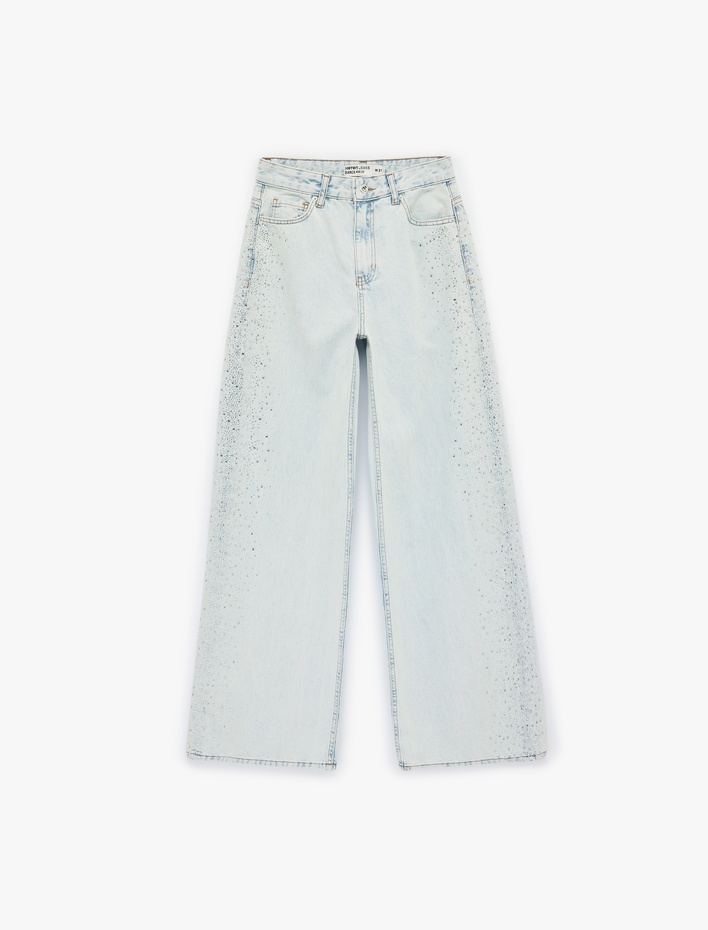  Pamuklu Düğmeli Cepli Geniş Paça Taşlı Denim Pantolon -  Wide Leg Jeans