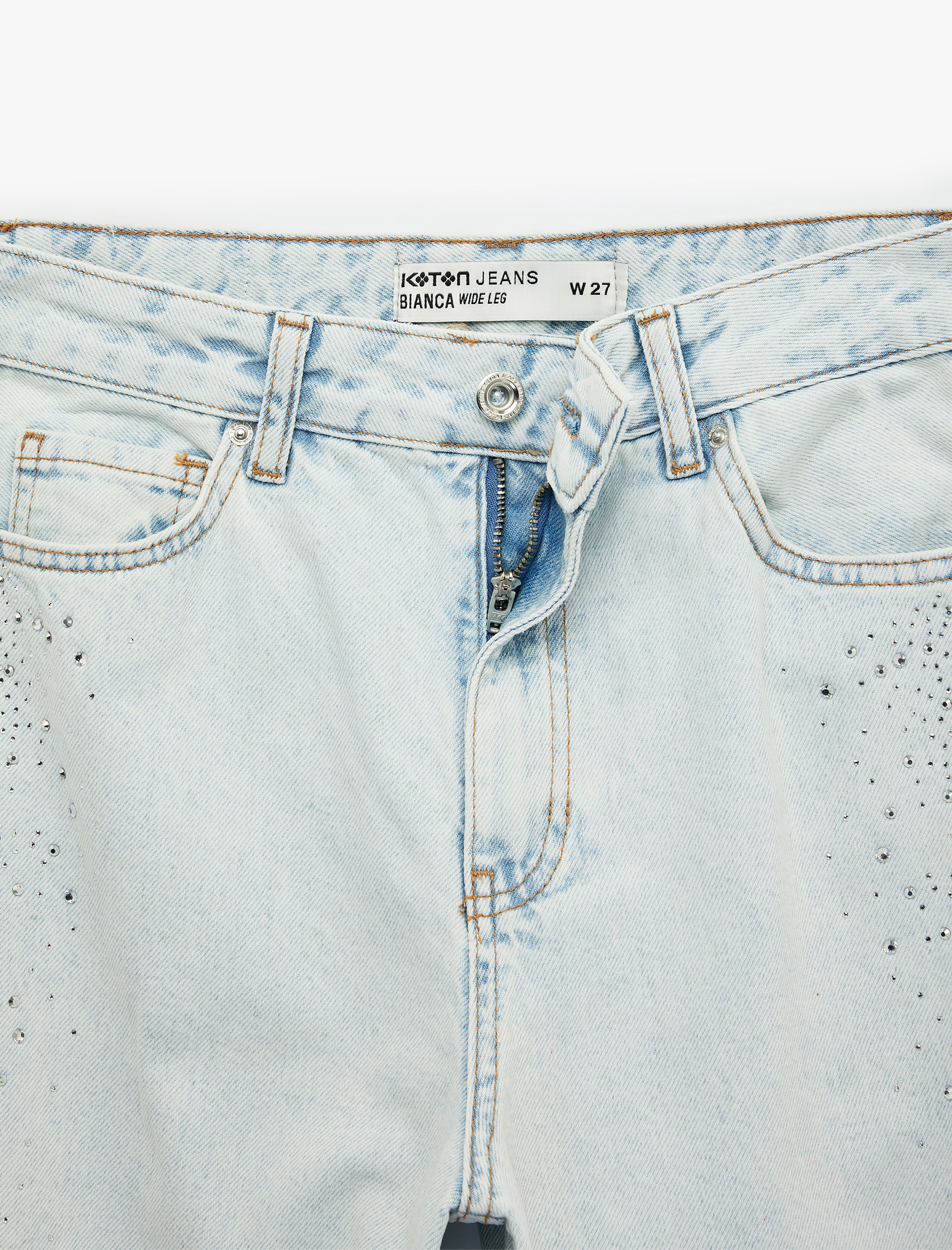   Pamuklu Düğmeli Cepli Geniş Paça Taşlı Denim Pantolon -  Wide Leg Jeans