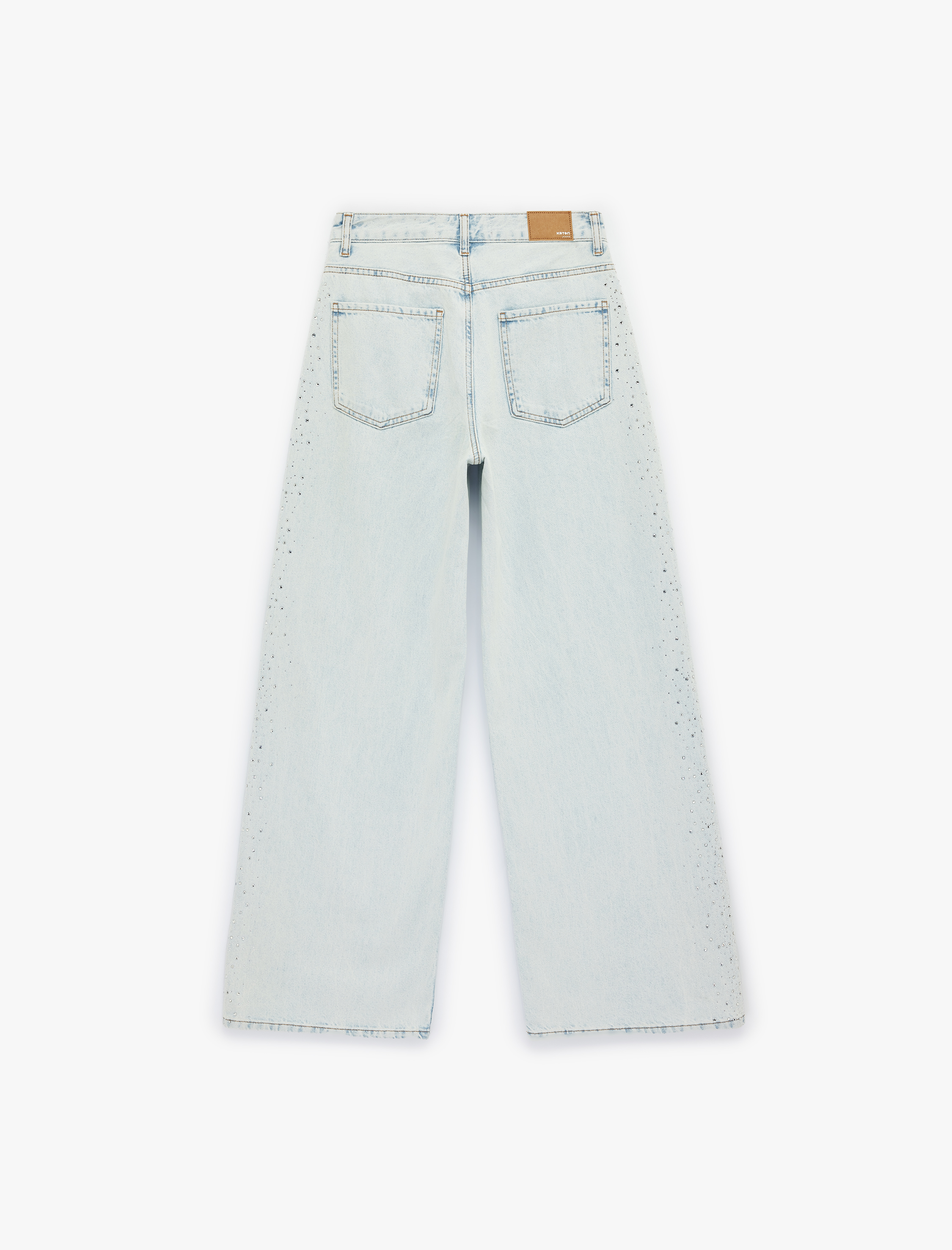   Pamuklu Düğmeli Cepli Geniş Paça Taşlı Denim Pantolon -  Wide Leg Jeans