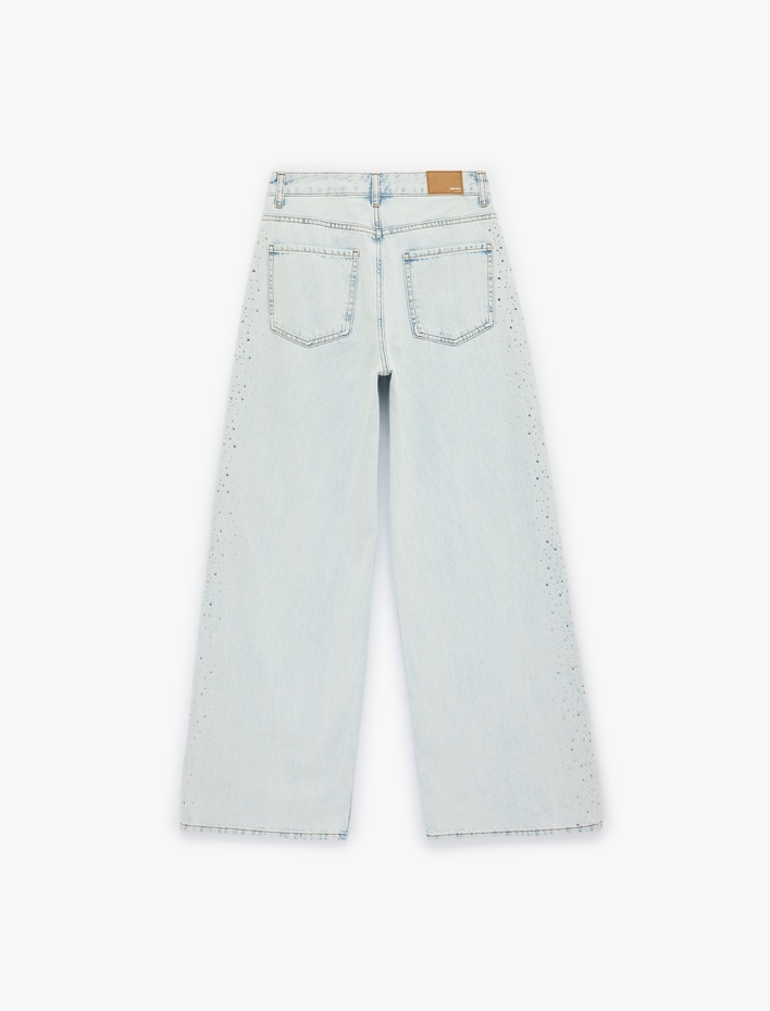 Pamuklu Düğmeli Cepli Geniş Paça Taşlı Denim Pantolon -  Wide Leg Jeans