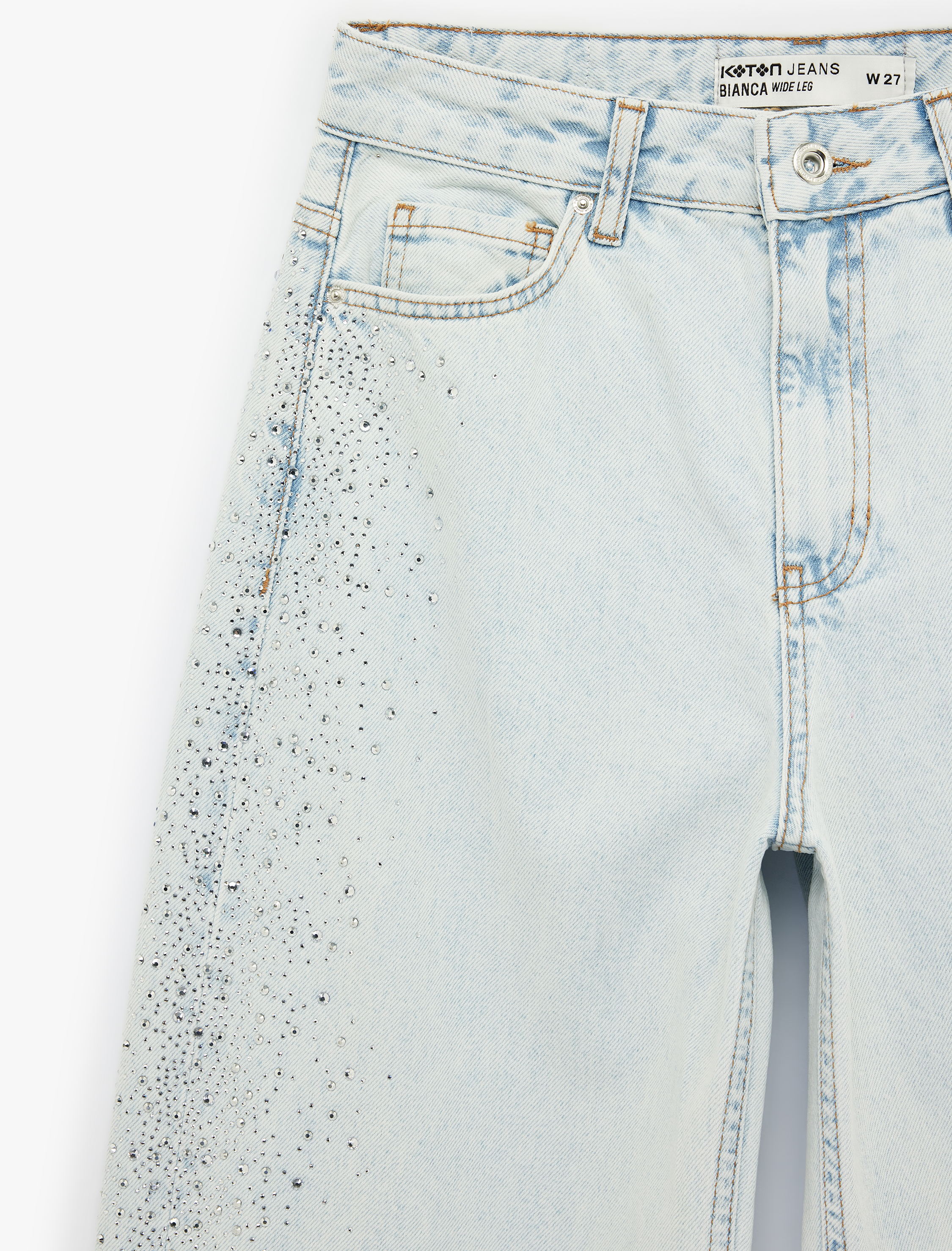   Pamuklu Düğmeli Cepli Geniş Paça Taşlı Denim Pantolon -  Wide Leg Jeans