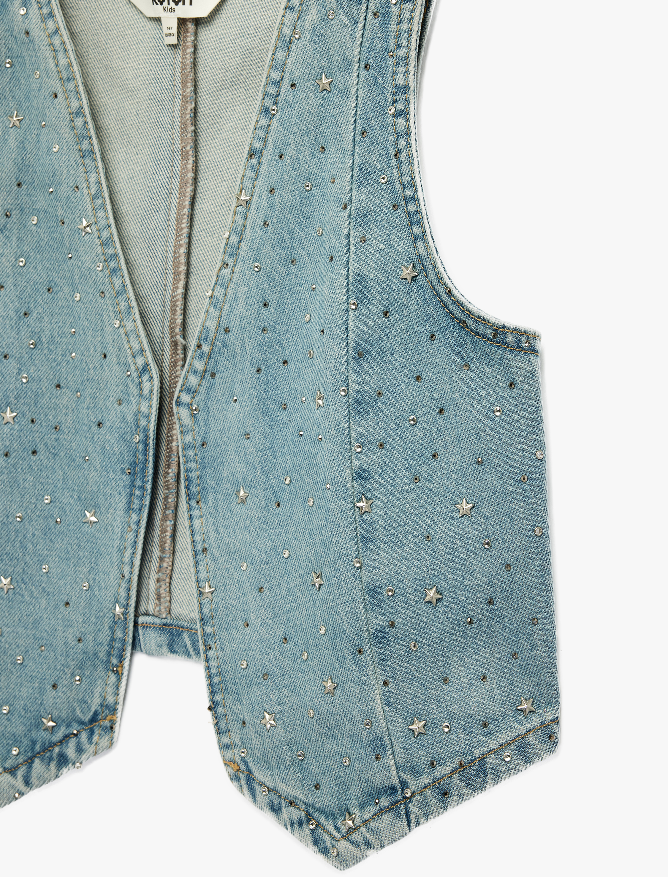  Kız Çocuk Yıldız Detaylı Pamuklu Kolsuz V Yaka Denim Yelek