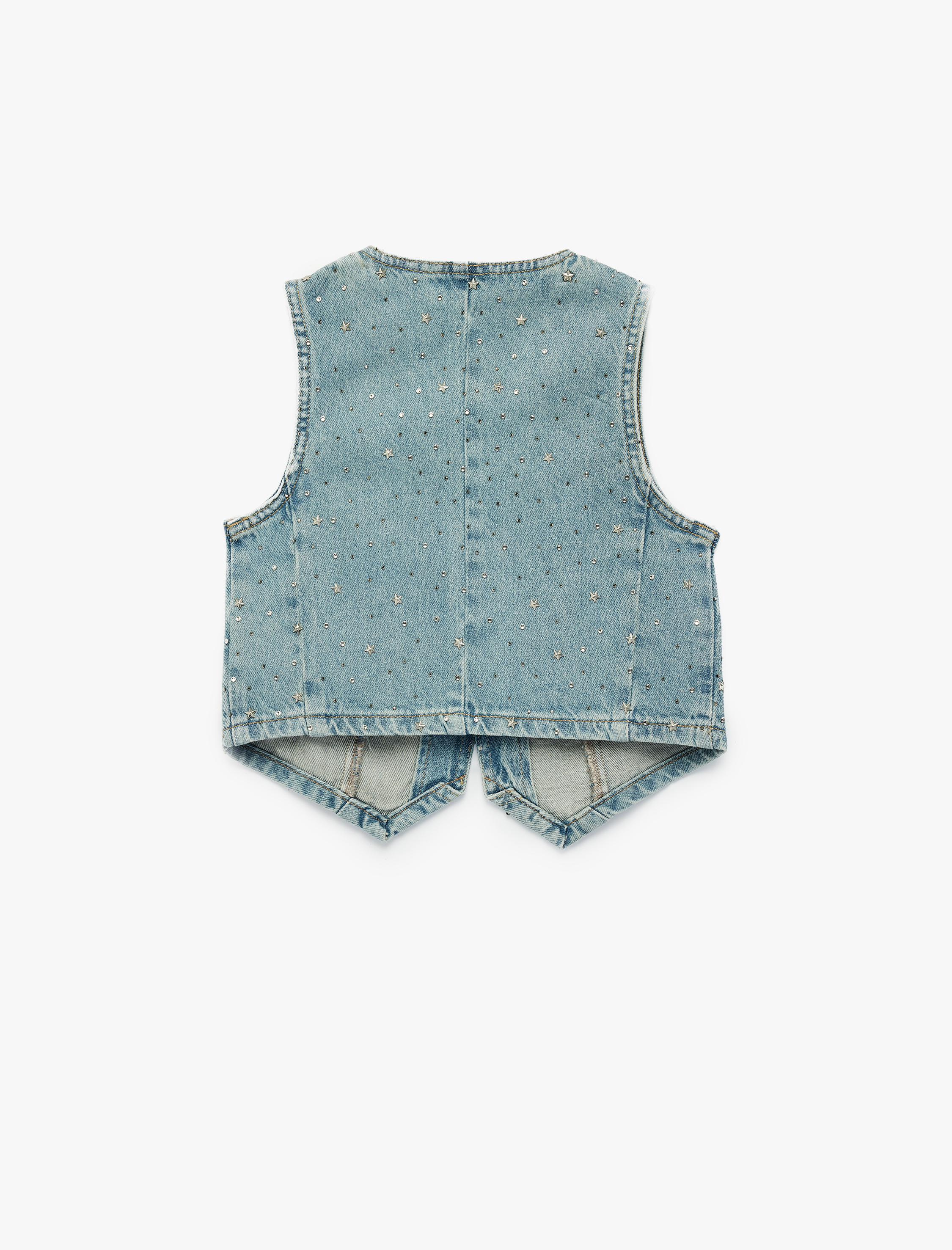  Kız Çocuk Yıldız Detaylı Pamuklu Kolsuz V Yaka Denim Yelek