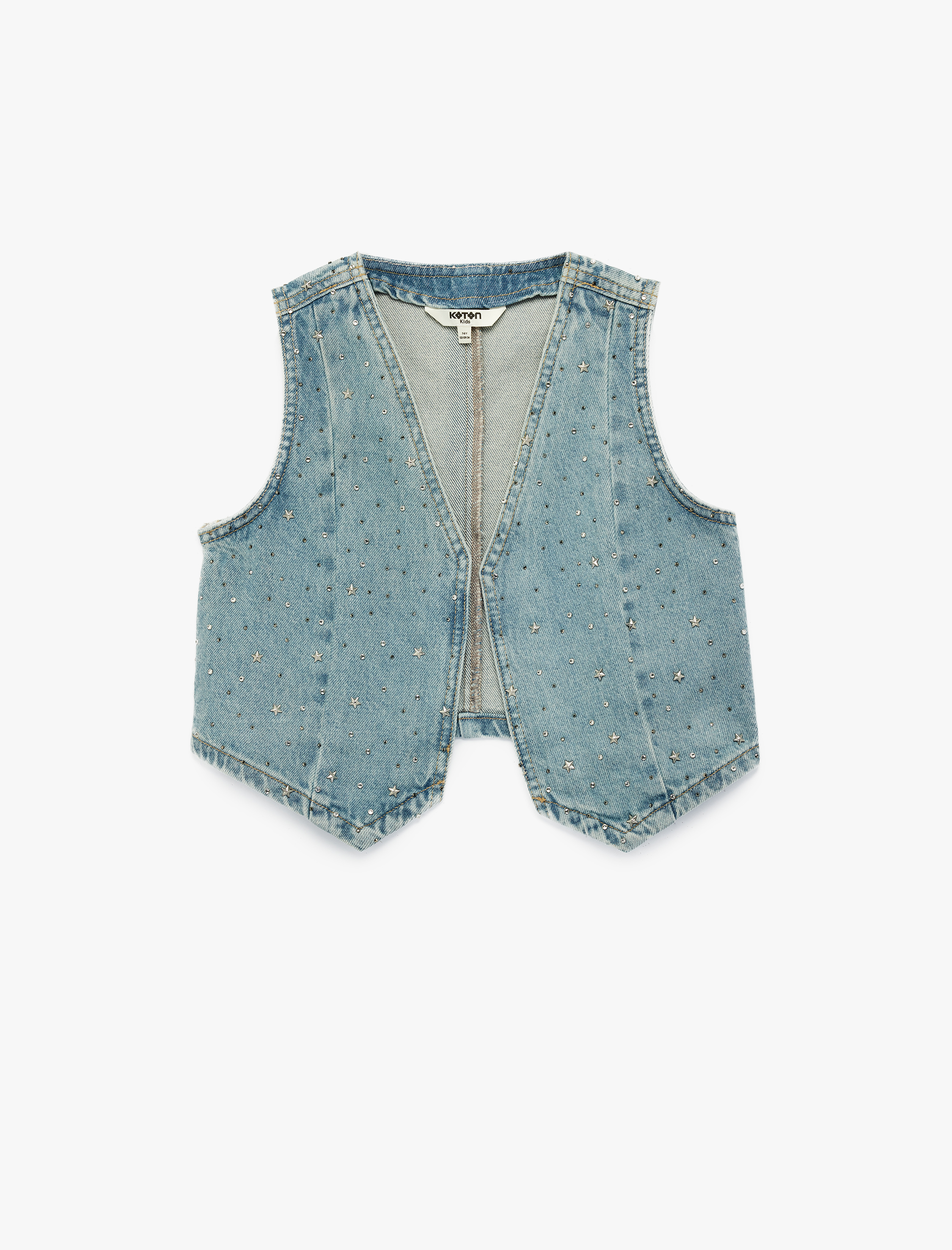  Kız Çocuk Yıldız Detaylı Pamuklu Kolsuz V Yaka Denim Yelek