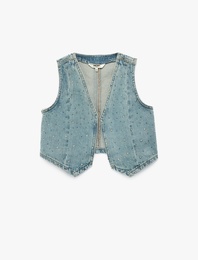 Yıldız Detaylı Pamuklu Kolsuz V Yaka Denim Yelek