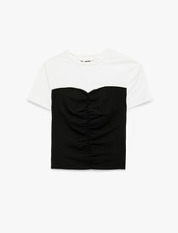 Renk Bloklu Viskon Karışımlı Kısa Kollu Bisiklet Yaka Tişört