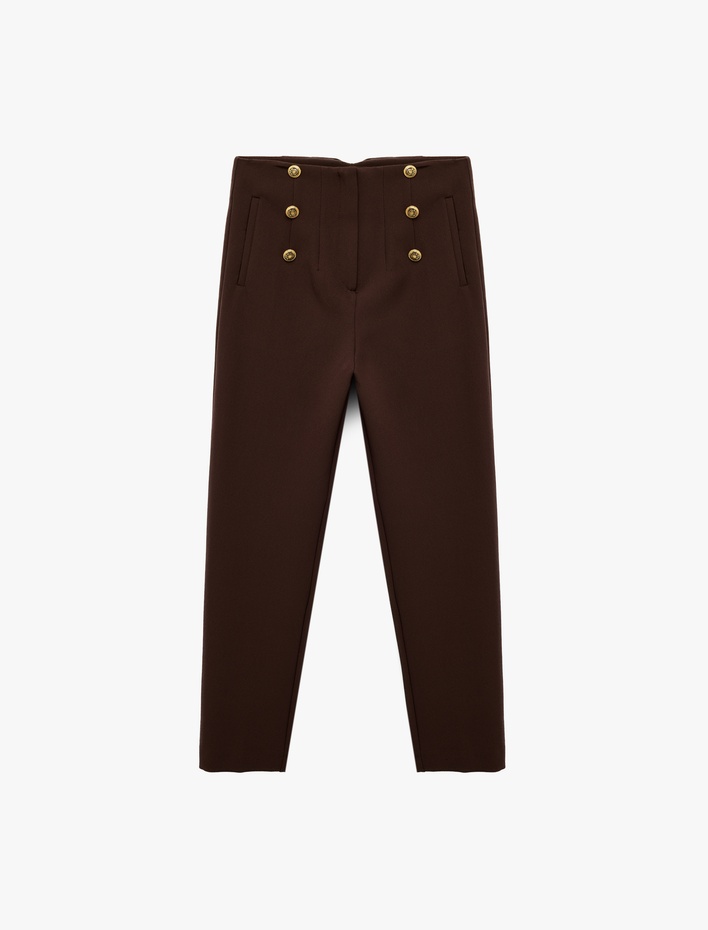  Cepli Yüksek Bel Düğme Detaylı Slim Fit Düz Paça Kumaş Pantolon