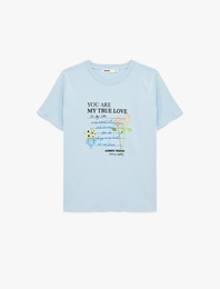 Pamuklu Kısa Kollu Bisiklet Yaka Baskılı Tişört