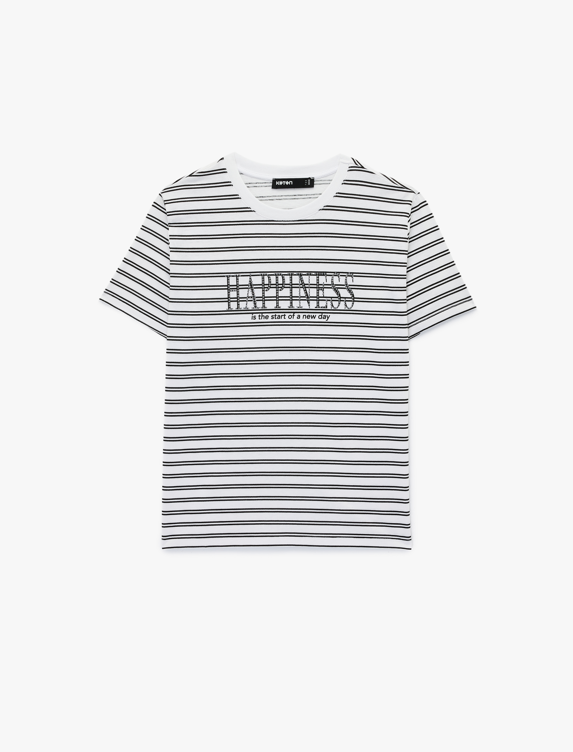   Pamuklu Kısa Kollu Bisiklet Yaka Baskılı Taşlı Çizgili Tişört