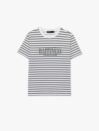 Pamuklu Kısa Kollu Bisiklet Yaka Baskılı Taşlı Çizgili Tişört