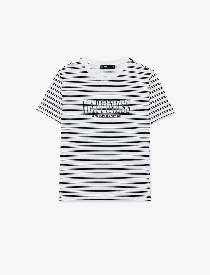  Pamuklu Kısa Kollu Bisiklet Yaka Baskılı Taşlı Çizgili Tişört