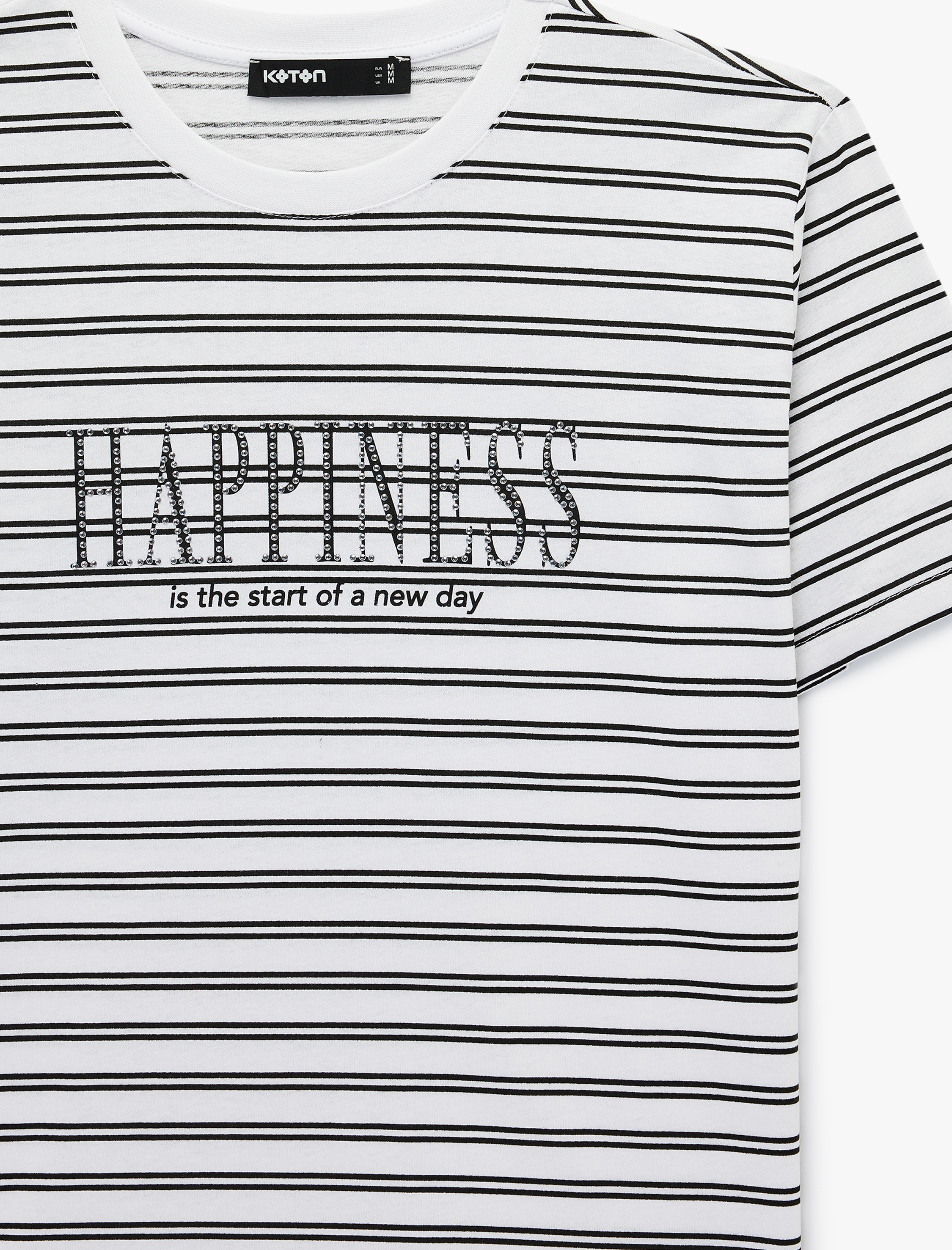   Pamuklu Kısa Kollu Bisiklet Yaka Baskılı Taşlı Çizgili Tişört