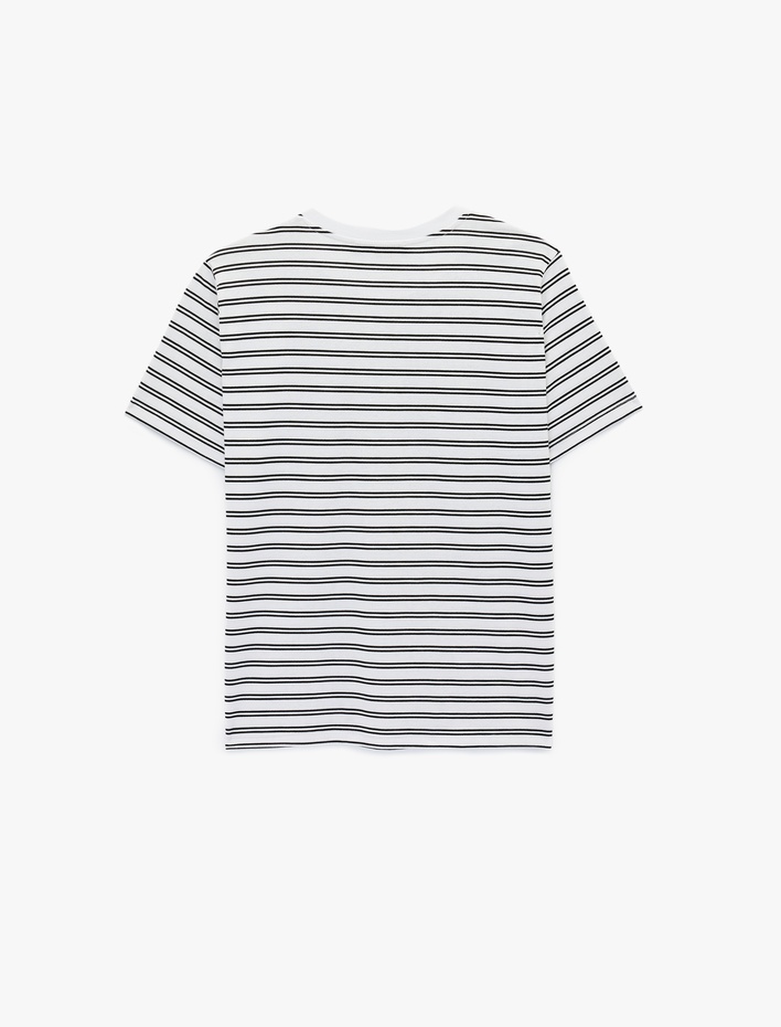  Pamuklu Kısa Kollu Bisiklet Yaka Baskılı Taşlı Çizgili Tişört