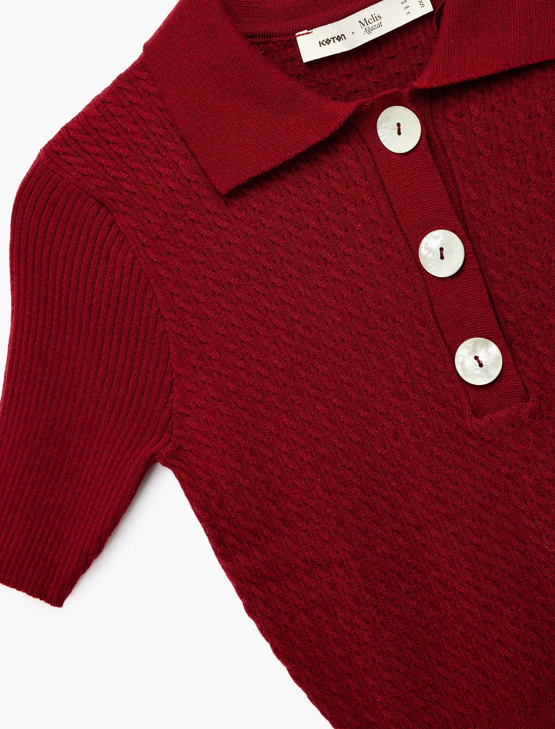   Koton X Melis Ağazat - Kısa Kollu Düğmeli Polo Yaka Saç Örgü Kazak