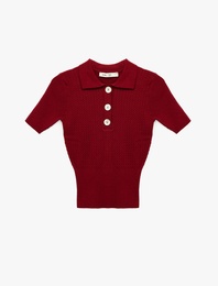 Koton X Melis Ağazat - Kısa Kollu Düğmeli Polo Yaka Saç Örgü Kazak