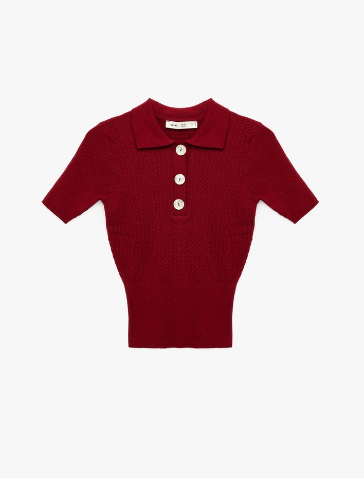  Koton X Melis Ağazat - Kısa Kollu Düğmeli Polo Yaka Saç Örgü Kazak