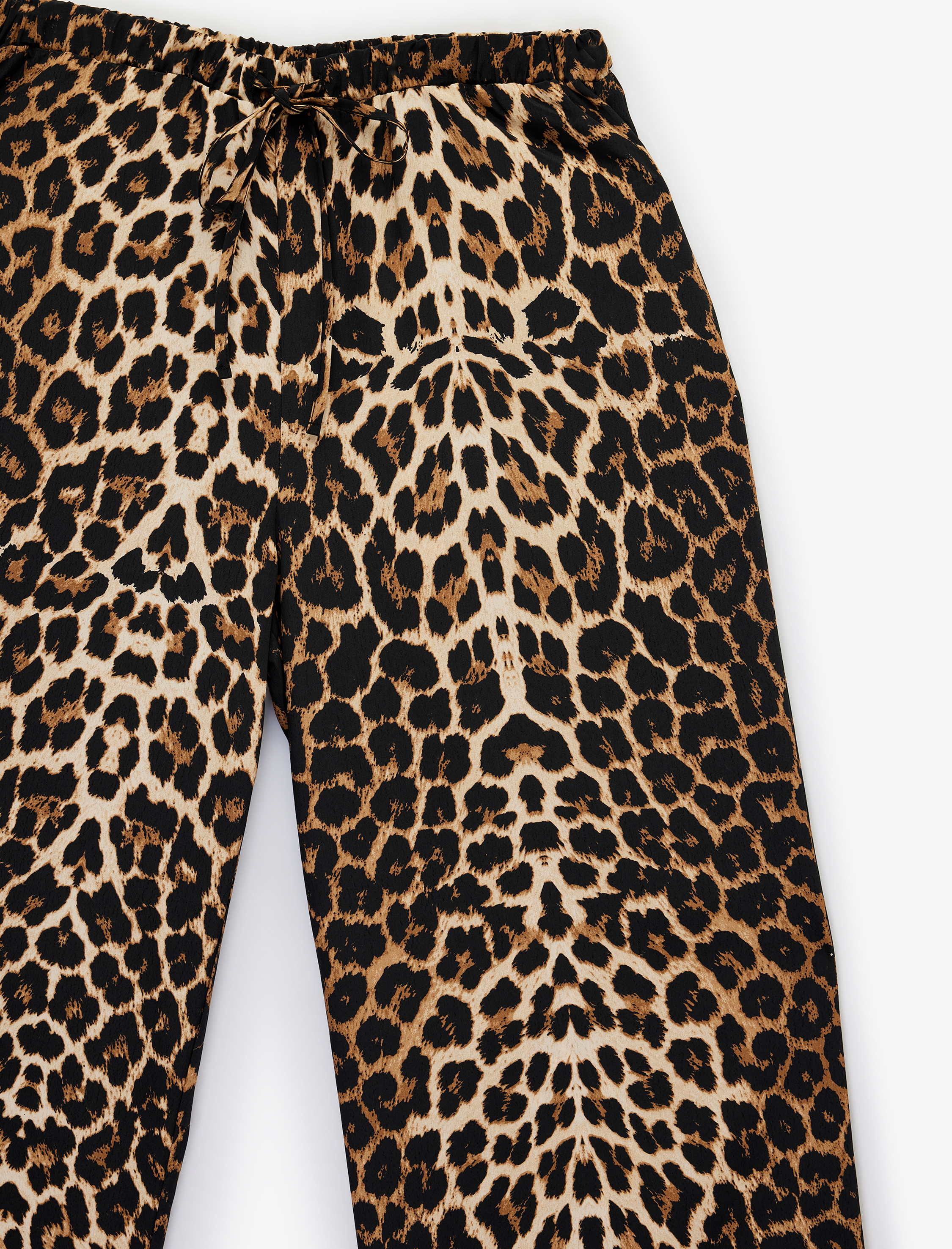   Beli Bağcıklı Cepli Leopar Desenli Geniş Paça Pantolon