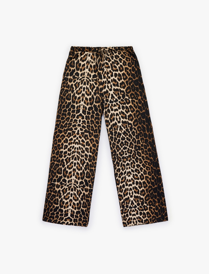  Beli Bağcıklı Cepli Leopar Desenli Geniş Paça Pantolon