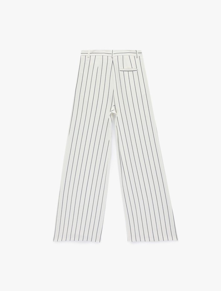  Pile Detaylı Cepli Çizgili Geniş Paça Pantolon