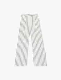 Pile Detaylı Cepli Çizgili Geniş Paça Pantolon