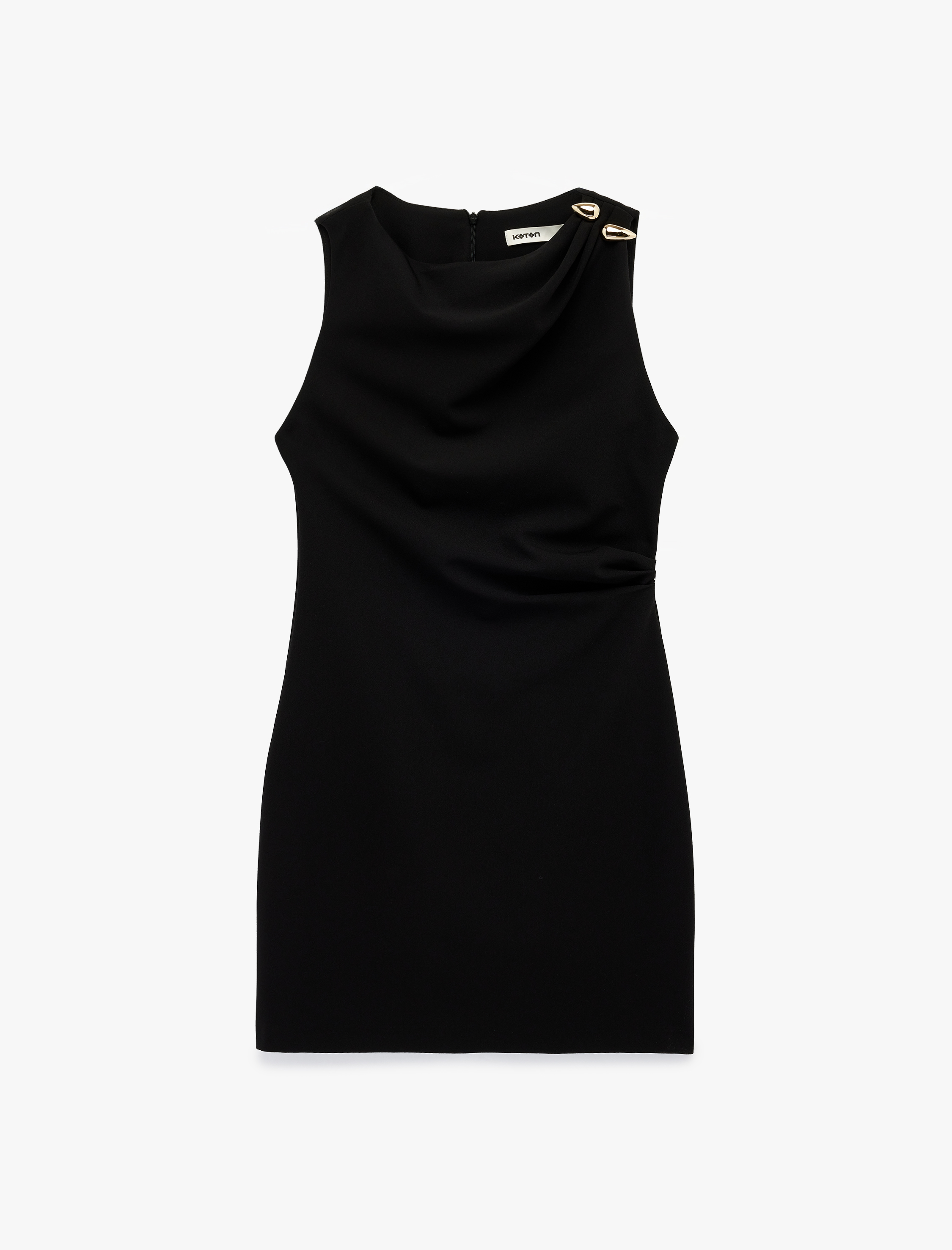   Aksesuar Detaylı Kolsuz Drapeli Yuvarlak Yaka Mini Elbise