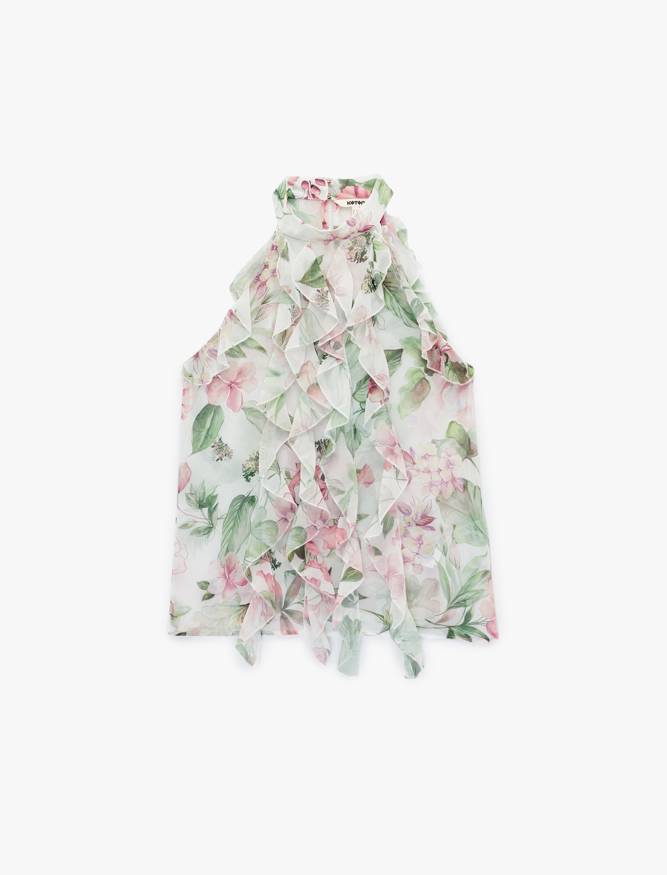   Kolsuz Halter Yaka Fırfırlı Çiçekli Şifon Bluz