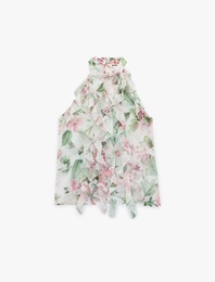 Kolsuz Halter Yaka Fırfırlı Çiçekli Şifon Bluz