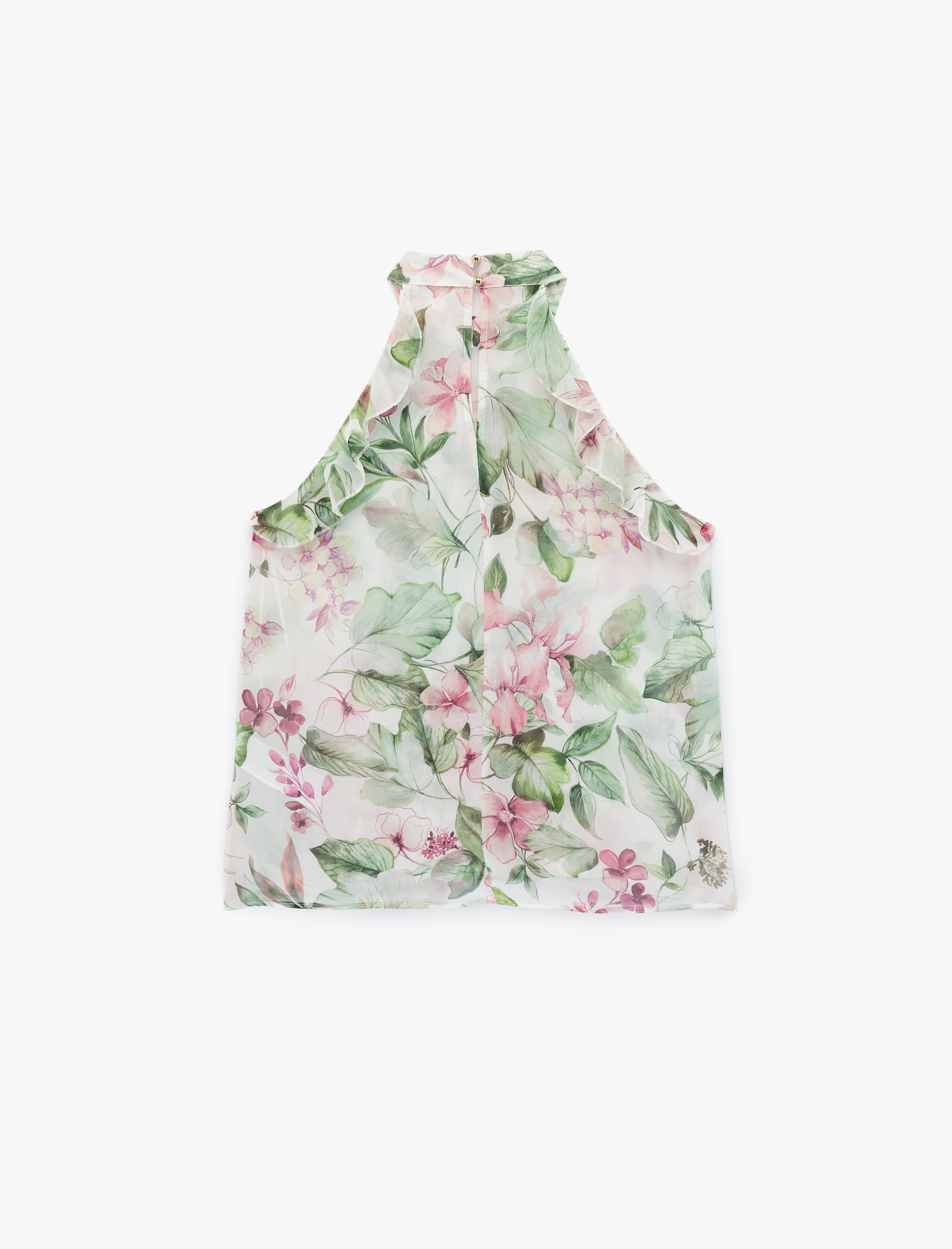   Kolsuz Halter Yaka Fırfırlı Çiçekli Şifon Bluz