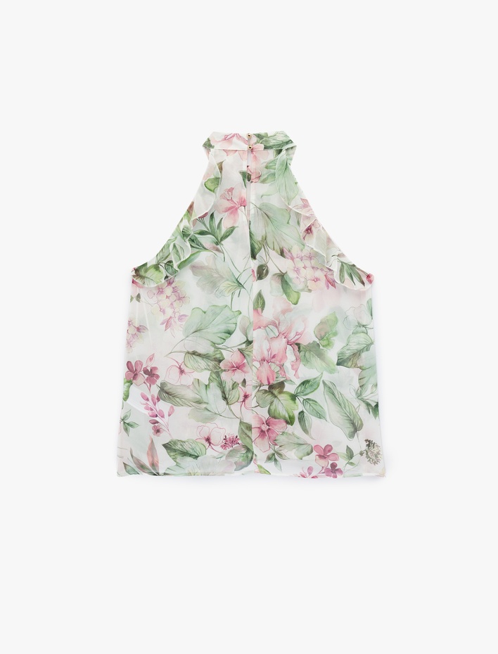  Kolsuz Halter Yaka Fırfırlı Çiçekli Şifon Bluz