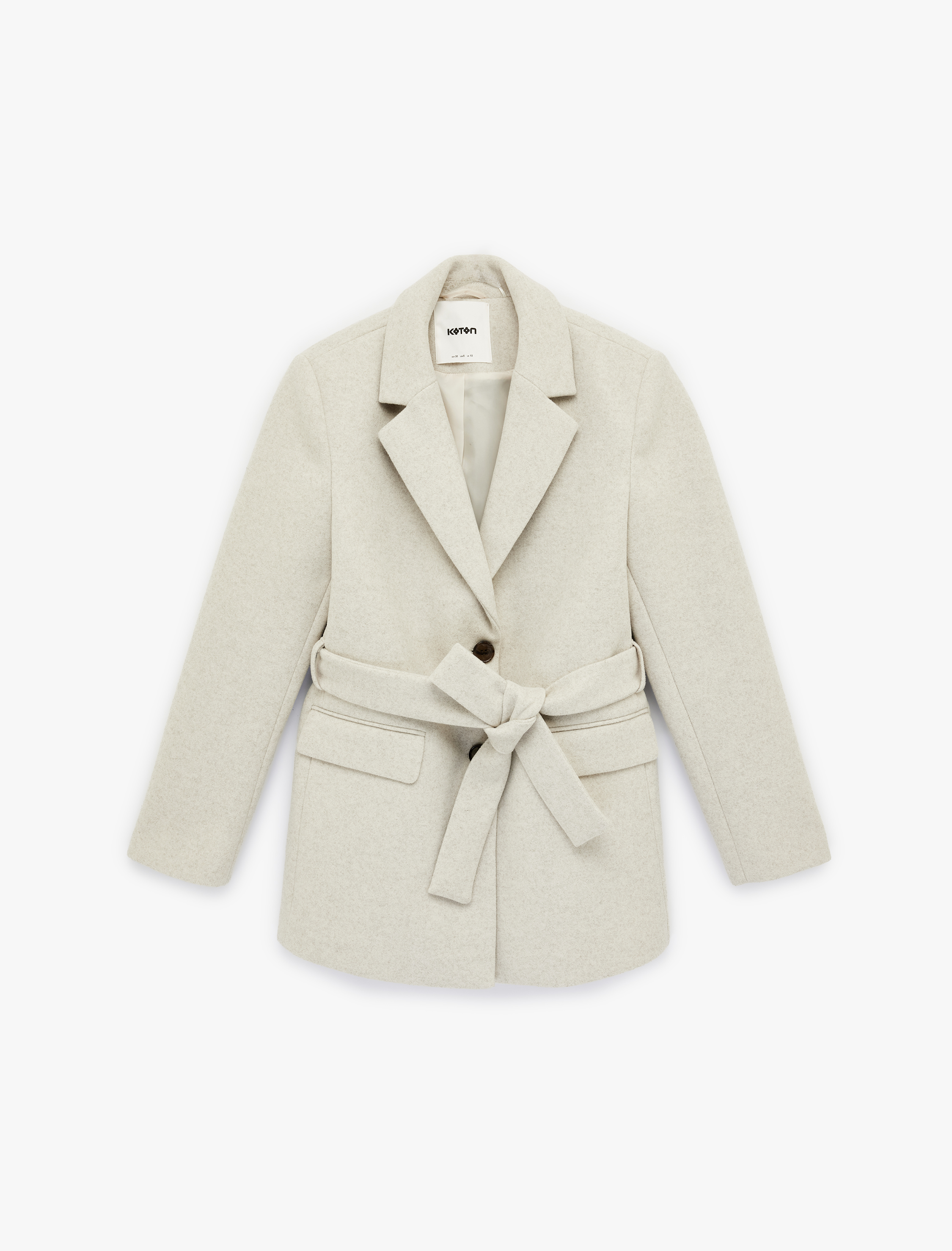   Uzun Kollu Cepli Kemer Detaylı Kruvaze Düğmeli Kısa Kaşe Mont